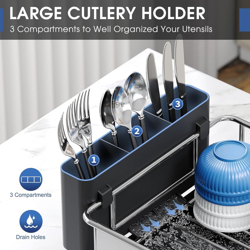 Urackify Stainless Steel Dish Drying Rack - Large Capcity 304 Grade Dish Drainer for Kitchen Counter with Drain Board, Utensil Holder & Detachable Cup Shelf, Rustproof Multifunctional Organizer - Image 4